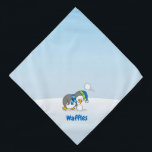 Little penguin getting a snow ball bandana<br><div class="desc">A little penguin cartoon bending to get a snow ball avoiding another one. Custom text.</div>