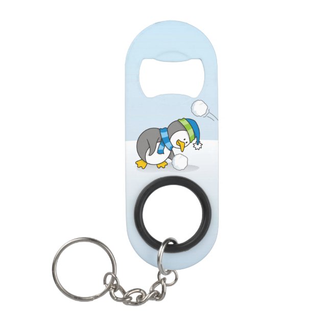 Little penguin getting a snow ball keychain bottle opener (Front)