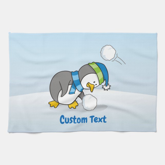 Little penguin getting a snow ball kitchen towel (Horizontal)
