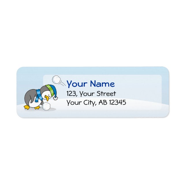 Little penguin getting a snow ball label (Front)