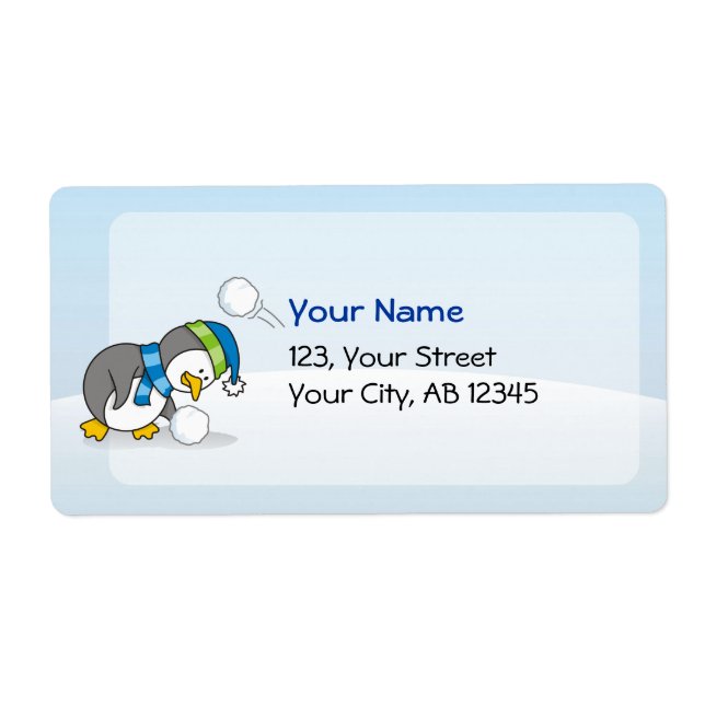 Little penguin getting a snow ball label (Front)