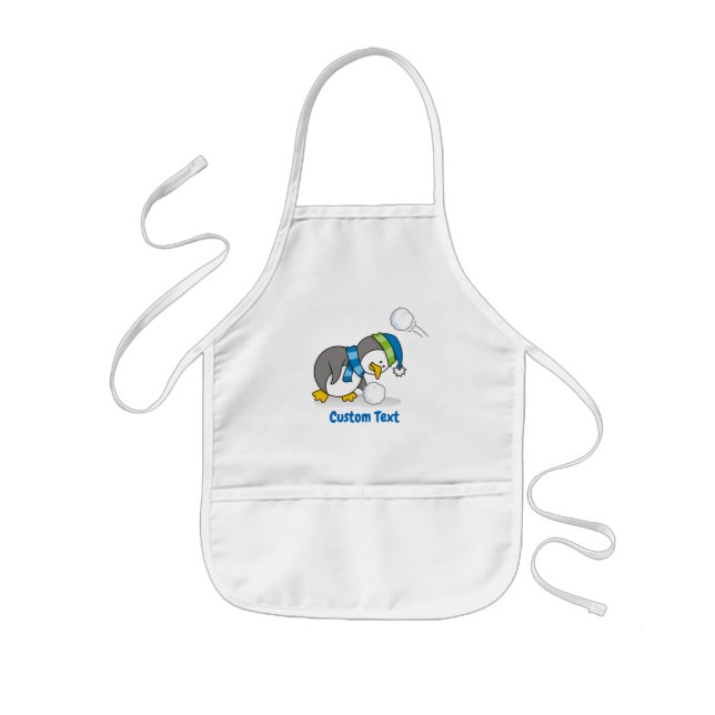 Little penguin getting a snow ball long apron (Front)