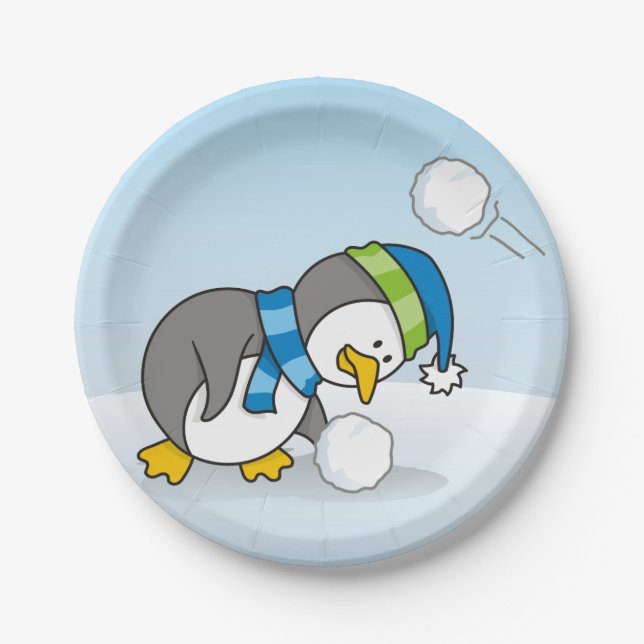 Little penguin getting a snow ball paper plates (Front)