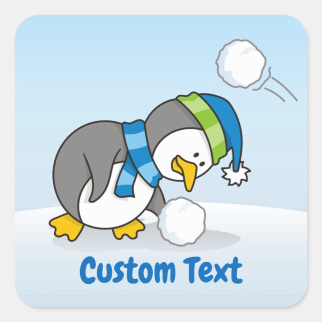 Little penguin getting a snow ball square sticker (Front)