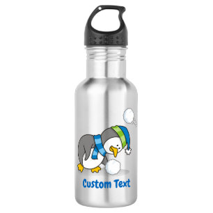Little penguin getting a snow ball stainless steel water bottle