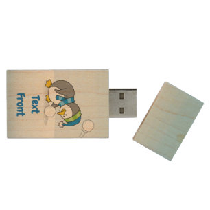 Little penguin getting a snow ball wood USB flash  Drive