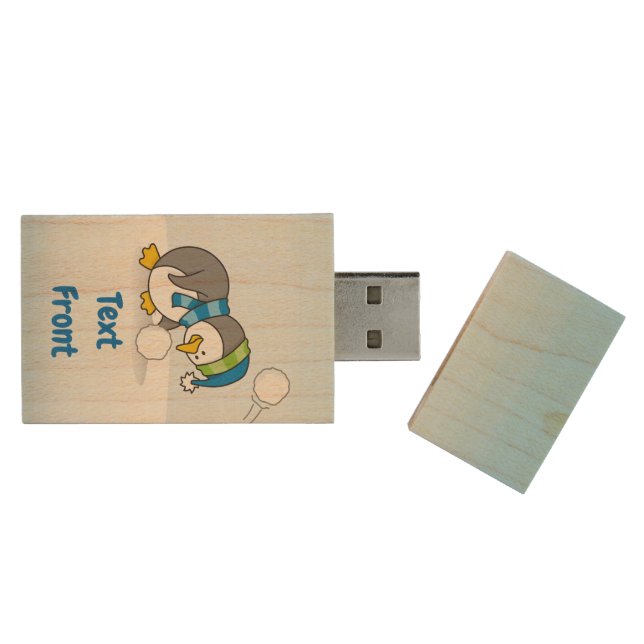 Little penguin getting a snow ball wood USB flash  Drive (Opened)