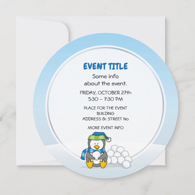 Little penguin sitting with snow balls invitation (Back)