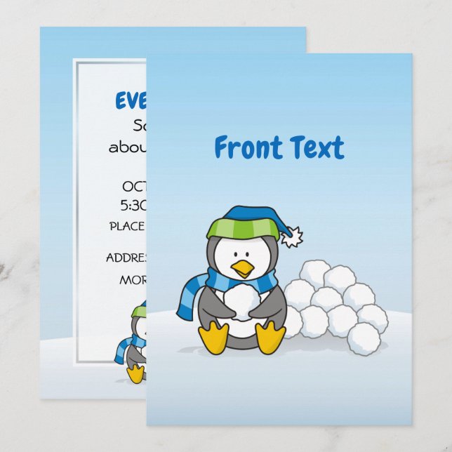 Little penguin sitting with snow balls invitation (Front/Back)