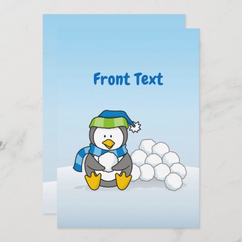 Little penguin sitting with snow balls invitation