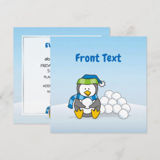 Little penguin sitting with snow balls invitation
