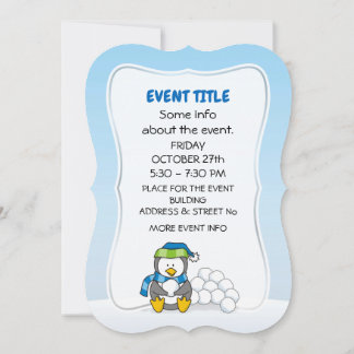 Little penguin sitting with snow balls invitation