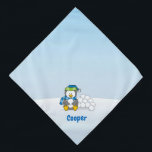 Little penguin sitting with snowballs bandana<br><div class="desc">A little penguin cartoon sitting and holding a snowball. Custom text.</div>