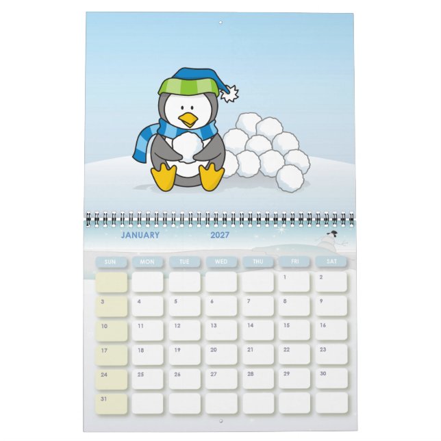 Little penguin sitting with snowballs calendar (Jan 2027)