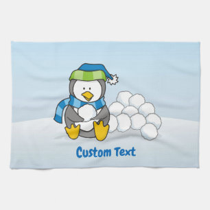 Little penguin sitting with snowballs kitchen towe towel