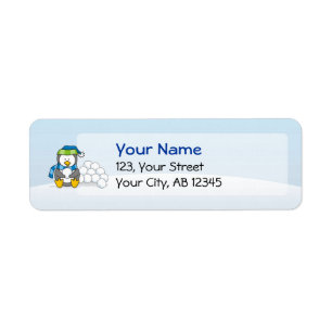 Little penguin sitting with snowballs label