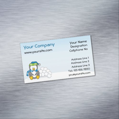 Little penguin sitting with snowballs magnetic bus business card magnet