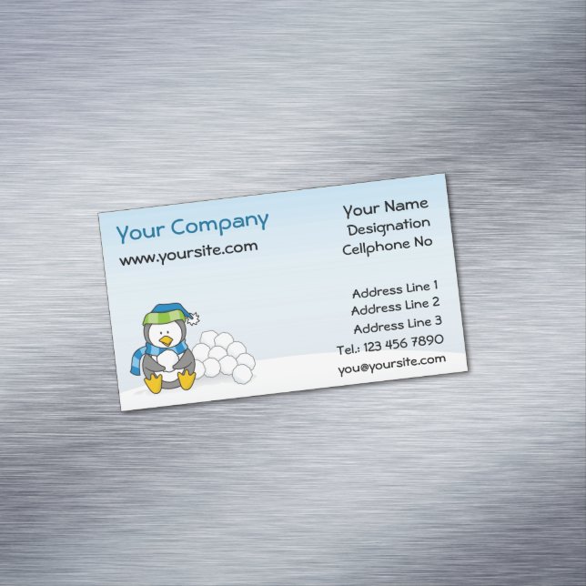 Little penguin sitting with snowballs magnetic bus business card magnet (In Situ)