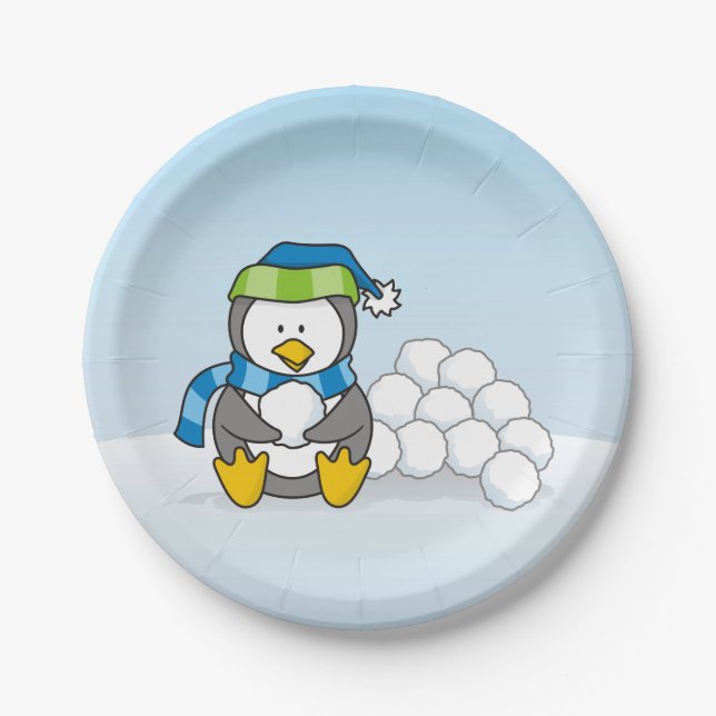 Little penguin sitting with snowballs paper plates (Front)
