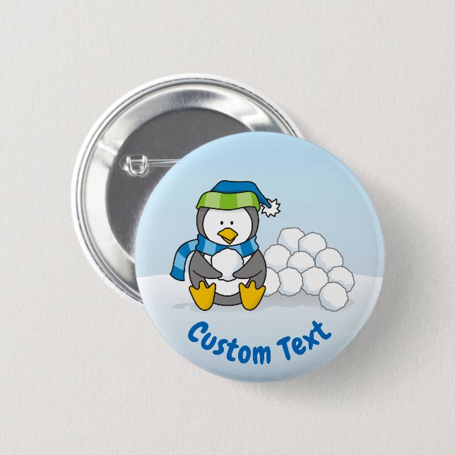 Little penguin sitting with snowballs pinback button (Front & Back)