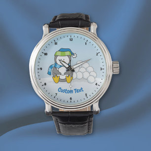 Little penguin sitting with snowballs watch