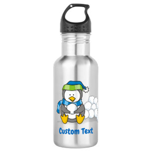 Little penguin sitting with snowballs water bottle