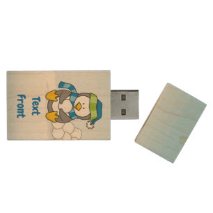 Little penguin sitting with snowballs wood USB fla Flash Drive