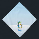 Little penguin walking on snow bandana<br><div class="desc">A little penguin cartoon with hat and scarf walking on snow. Custom text.</div>
