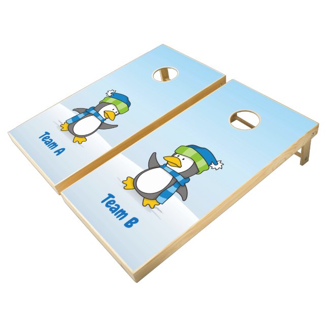 Little penguin walking on snow cornhole set (Angled)