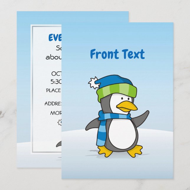 Little penguin walking on snow invitation (Front/Back)