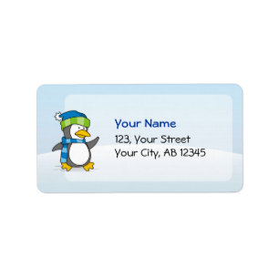 Little penguin walking on snow label