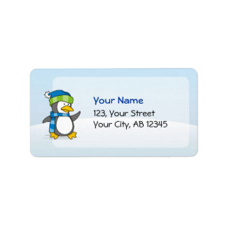 Little penguin walking on snow label