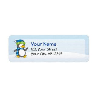 Little penguin walking on snow label