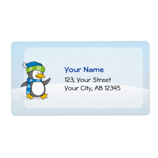Little penguin walking on snow label