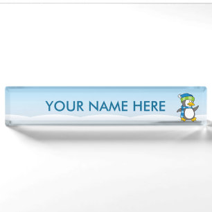 Little penguin walking on snow name plate