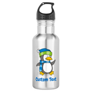 Little penguin walking on snow water bottle