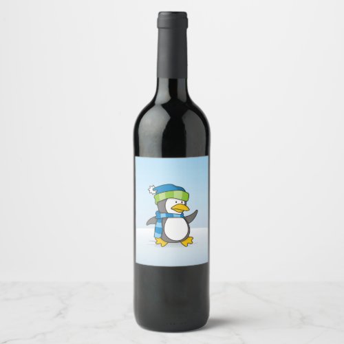 Little penguin walking on snow wine label