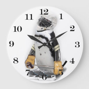 Little Penguin Wearing Hockey Gear Large Clock