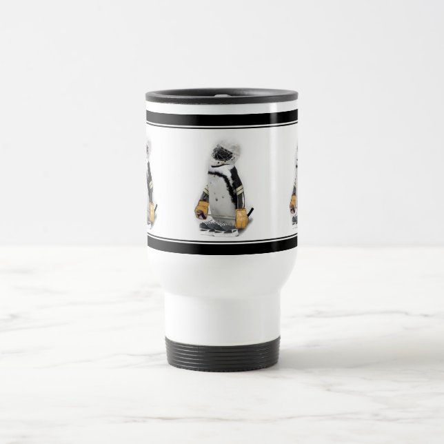 Little  Penguin Wearing Hockey Gear Travel Mug (Center)