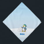Little penguin with snow balls waving bandana<br><div class="desc">A little penguin cartoon waving in front of a snowball stack. Custom text.</div>