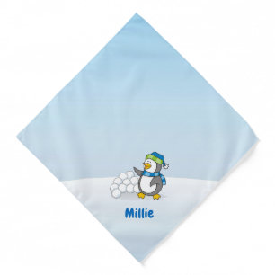 Little penguin with snow balls waving bandana