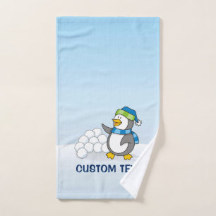 Little penguin with snow balls waving bath towel set