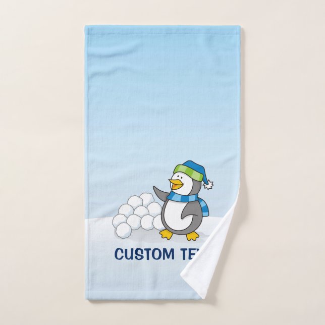 Little penguin with snow balls waving bath towel set (Hand Towel)