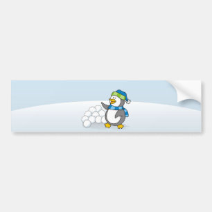 Little penguin with snow balls waving bumper sticker