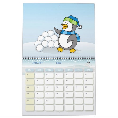 Little penguin with snow balls waving calendar