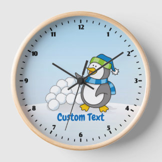 Little Penguin with Snow Balls Waving Clock
