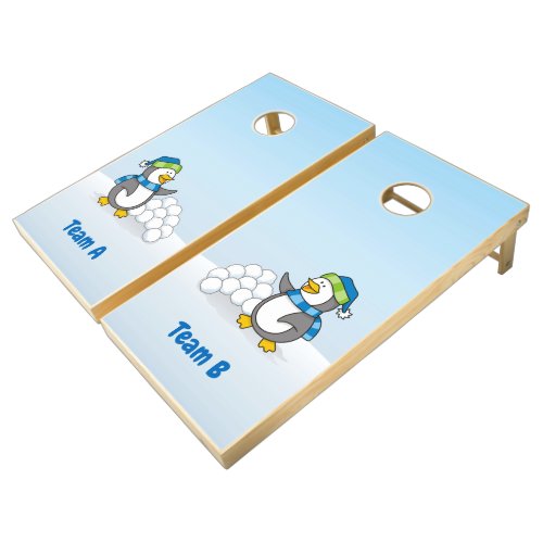 Little penguin with snow balls waving cornhole set