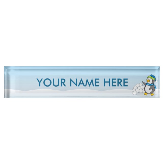 Little penguin with snow balls waving desk name plate (Front)