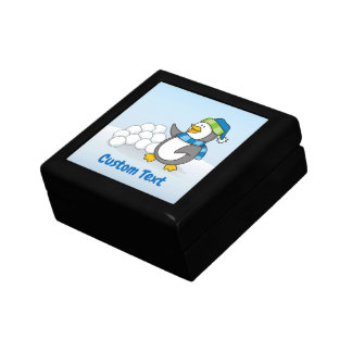 Little penguin with snow balls waving gift box