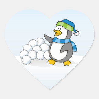 Little penguin with snow balls waving heart sticker